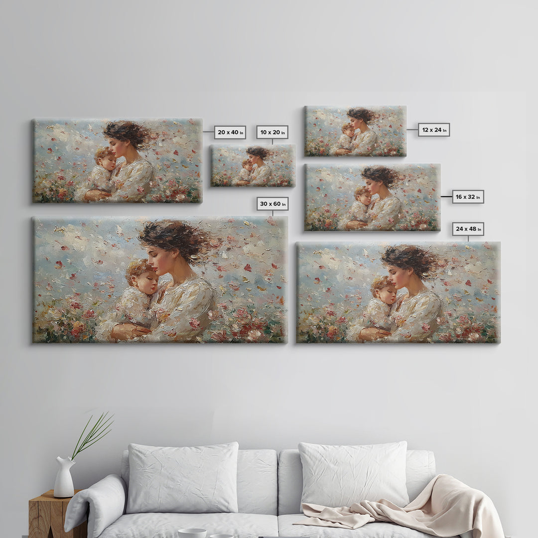 Mother Embracing Child In Blossoming Garden Wall Art, Impressionist Framed Canvas Print, Romantic Floral Decor, Gift For Mom