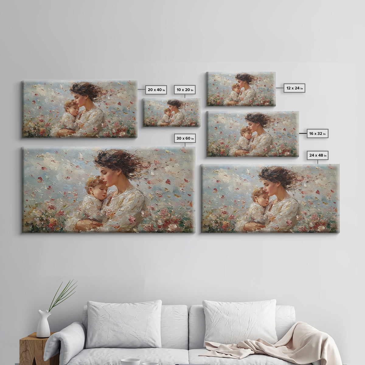 Mother Embracing Child In Blossoming Garden Wall Art, Impressionist Framed Canvas Print, Romantic Floral Decor, Gift For Mom