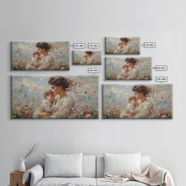 Mother Embracing Child In Blossoming Garden Wall Art, Impressionist Framed Canvas Print, Romantic Floral Decor, Gift For Mom