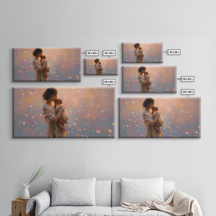 Soft Pink Mother And Baby At Sunset Canvas Print, Romantic Nursery Wall Art, Feminine Bedroom Decor, Beautiful Gift For New Mom