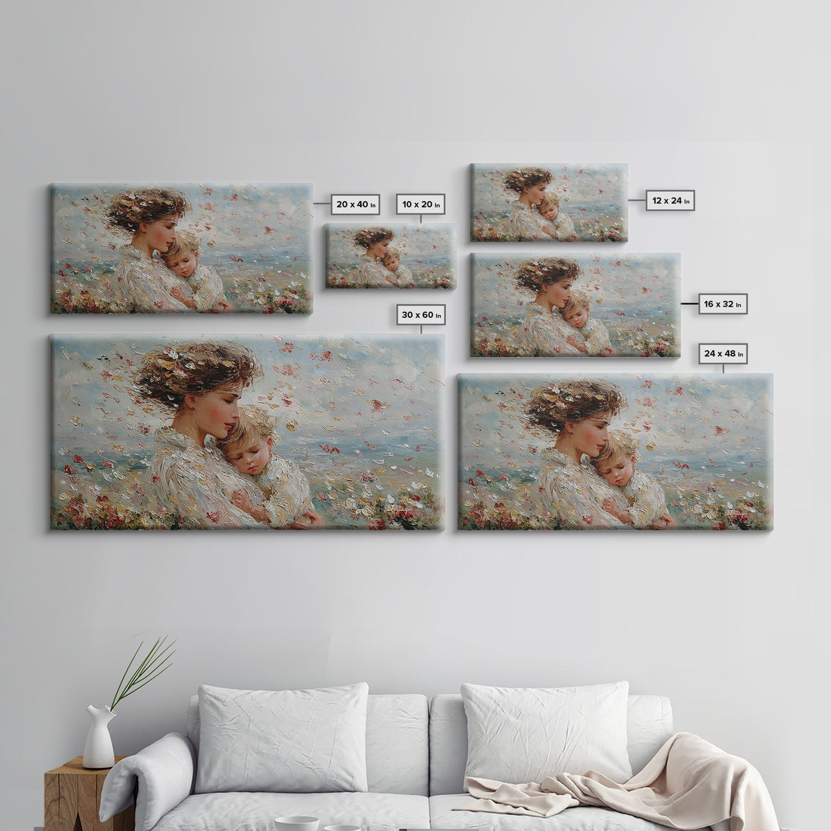 Windy Meadow Mother And Child With Falling Petals Wall Art, Impressionist Canvas Print, Floral Nursery Decor, Gift For Mom