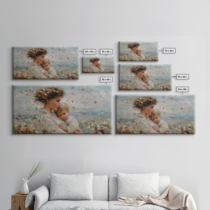 Windy Meadow Mother And Child With Falling Petals Wall Art, Impressionist Canvas Print, Floral Nursery Decor, Gift For Mom