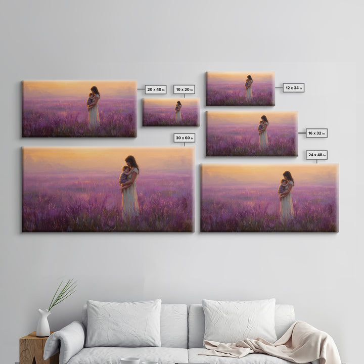 Mother And Child In Lavender Field At Sunset Canvas Print, Purple Landscape Wall Art, Romantic Bedroom Decor, Gift For Mom