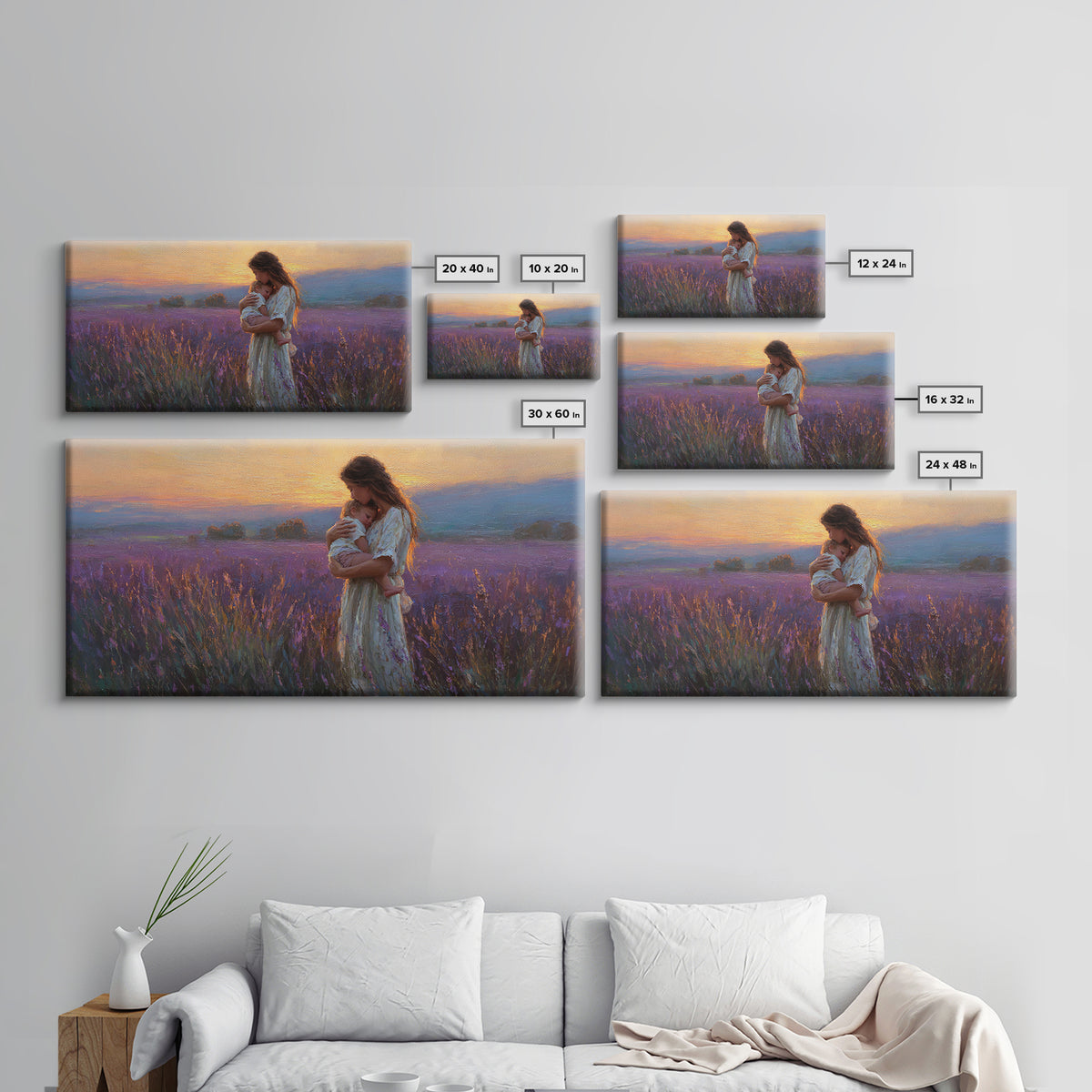 Mother Cradling Child In Lavender Sunset Field Canvas Print, Romantic Wall Art, Impressionist Bedroom Decor, Gift For Her
