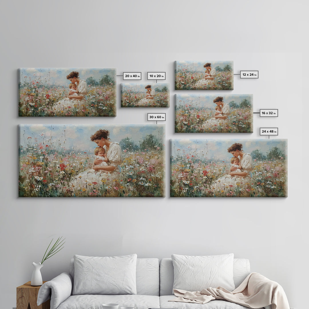 Mother And Baby In Wildflower Meadow Canvas Print, Impressionist Floral Nursery Wall Art, Gift For Mom, Motherhood Decor