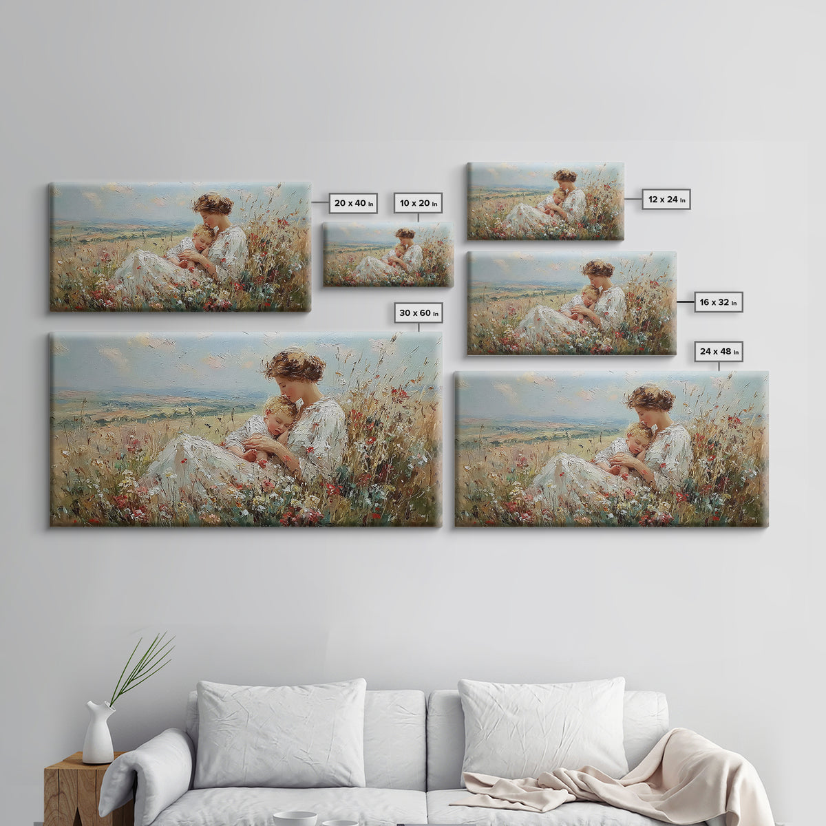 Nursing Mother And Baby In Summer Meadow Framed Canvas Print, Impressionist Floral Wall Art, Motherhood Gift, Nursery Decor