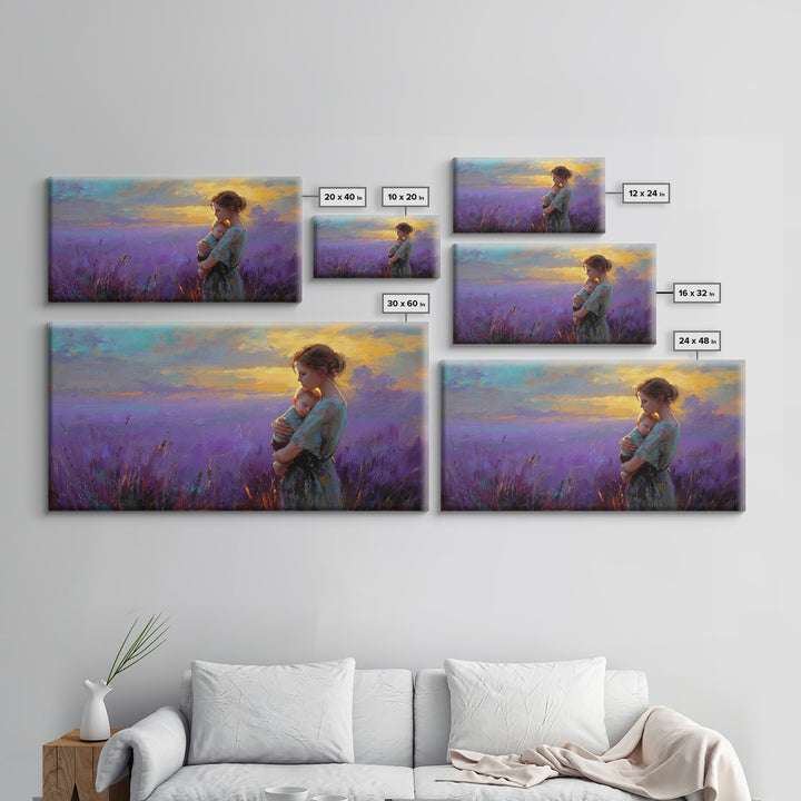 Mother Holding Baby In Lavender Sunset Canvas Print, Purple Field Wall Art, Motherhood Gift, Calming Nursery Bedroom Decor