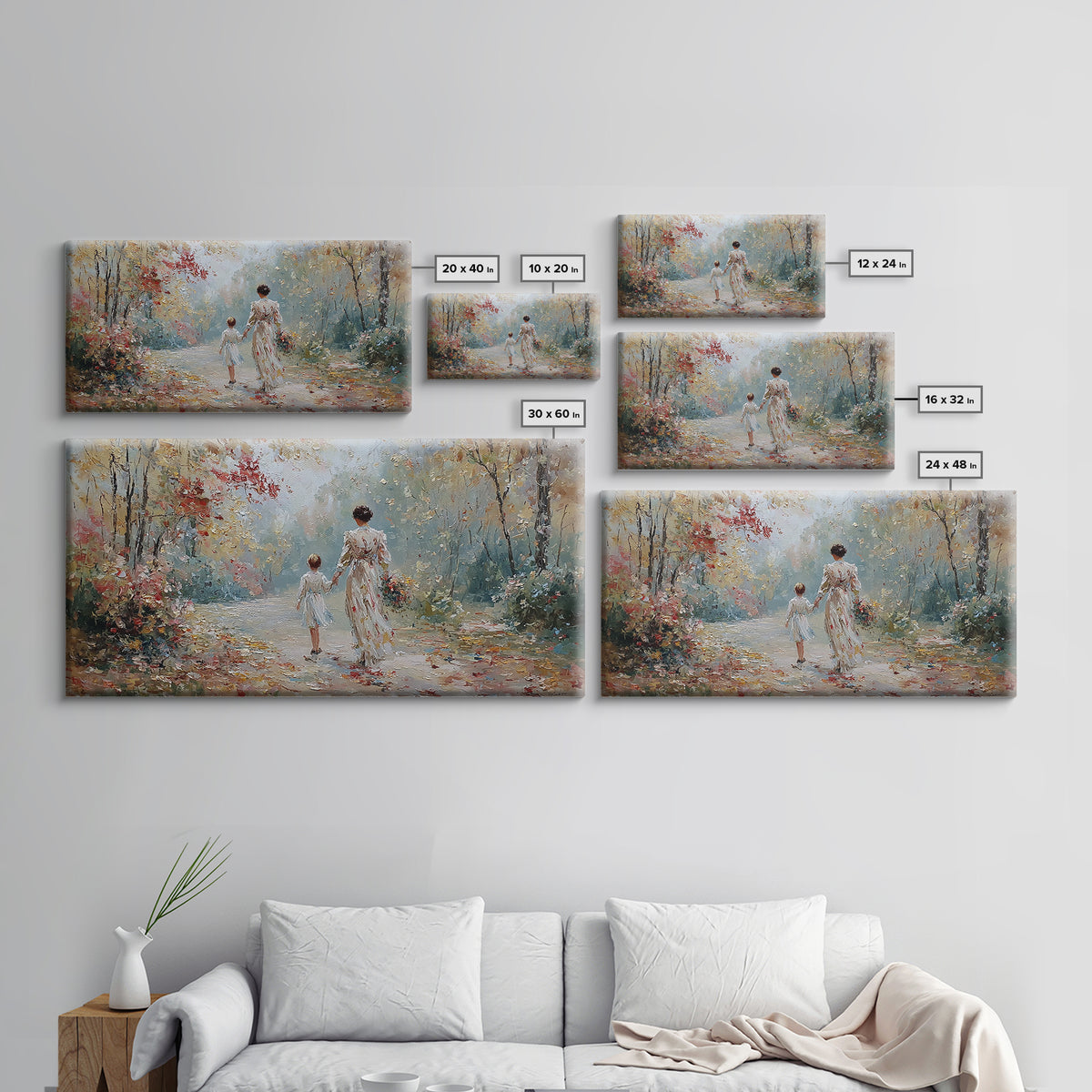 Mother And Child Walking Floral Woodland Path Wall Art, Impressionist Autumn Canvas Print, Family Gift, Living Room Decor