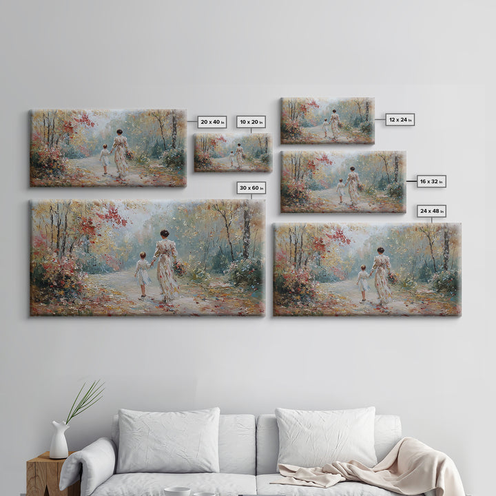 Mother And Child Walking Floral Woodland Path Wall Art, Impressionist Autumn Canvas Print, Family Gift, Living Room Decor