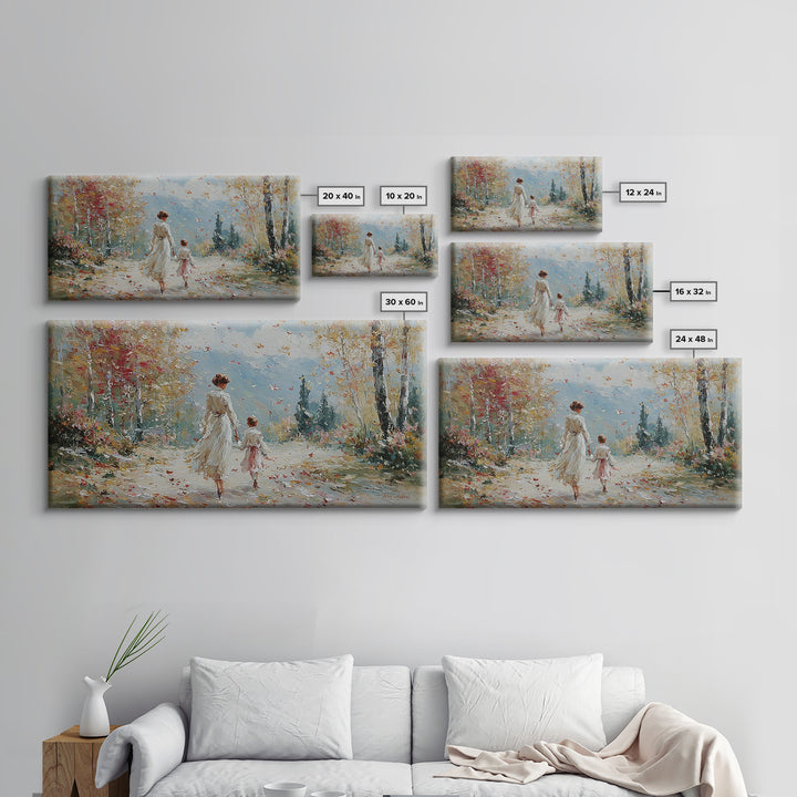 Mother And Child On Blossom Mountain Path Canvas Print, Impressionist Landscape Wall Art, Neutral Nursery Living Room Decor