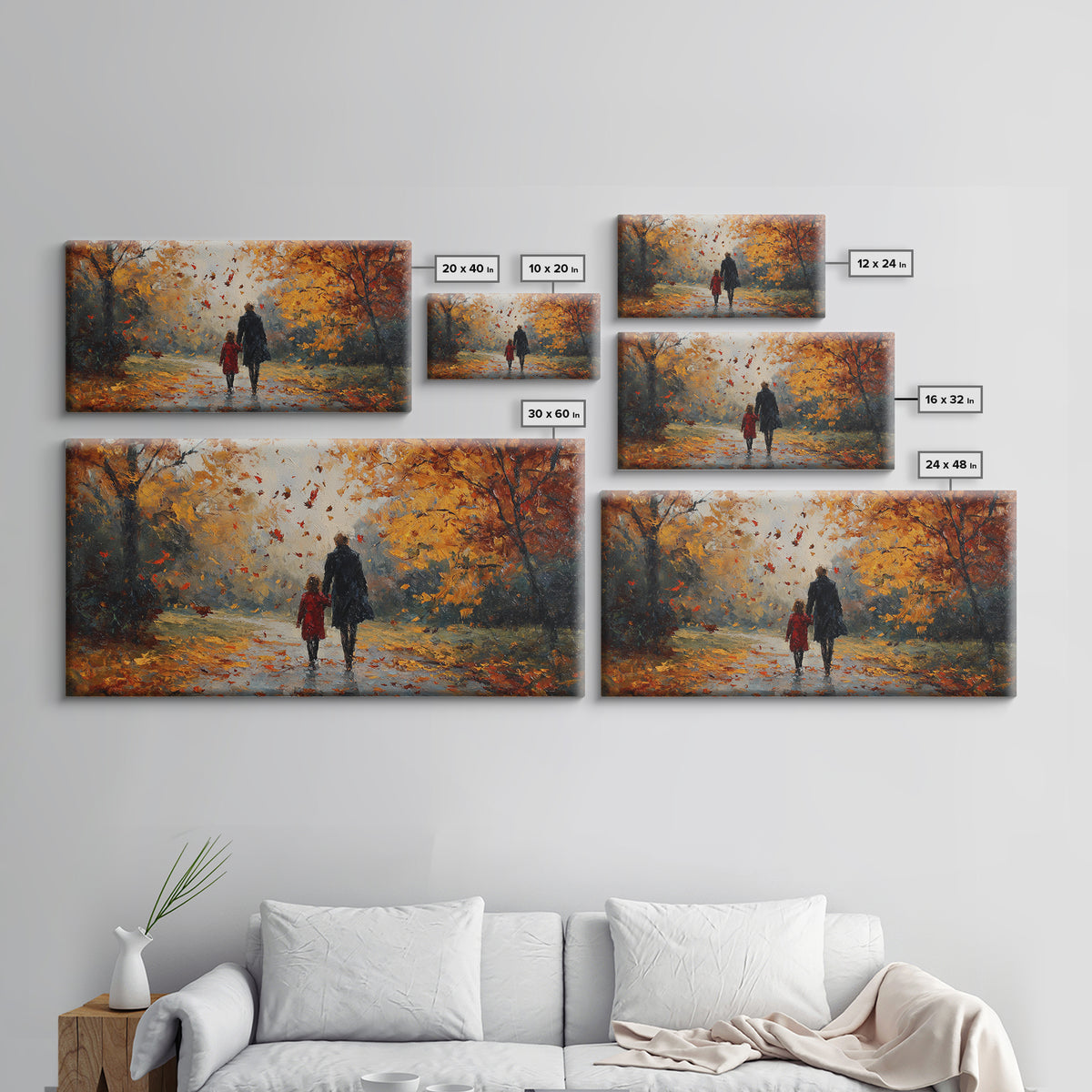 Father And Child In Orange Autumn Forest Wall Art, Impressionist Fall Canvas Print, Family Gift, Cozy Living Room Home Decor