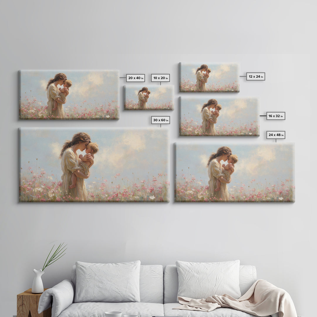 Mother Kissing Baby In Pastel Wildflower Meadow Canvas Print, Impressionist Nursery Wall Art, Motherhood Gift, Bedroom Decor