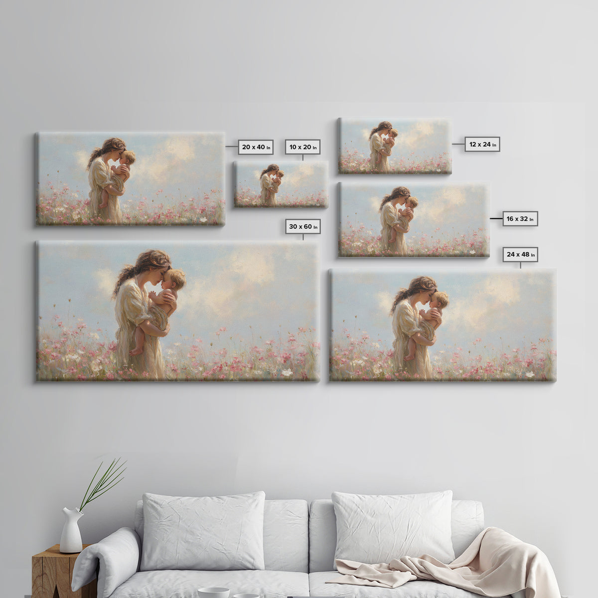 Mother Kissing Baby In Pastel Wildflower Meadow Canvas Print, Impressionist Nursery Wall Art, Motherhood Gift, Bedroom Decor