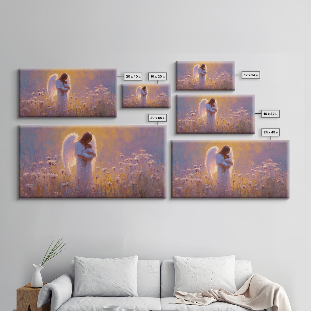 Guardian Angel Holding Baby In Glowing Meadow Canvas Print, Spiritual Nursery Wall Art, Motherhood Gift, Christian Decor