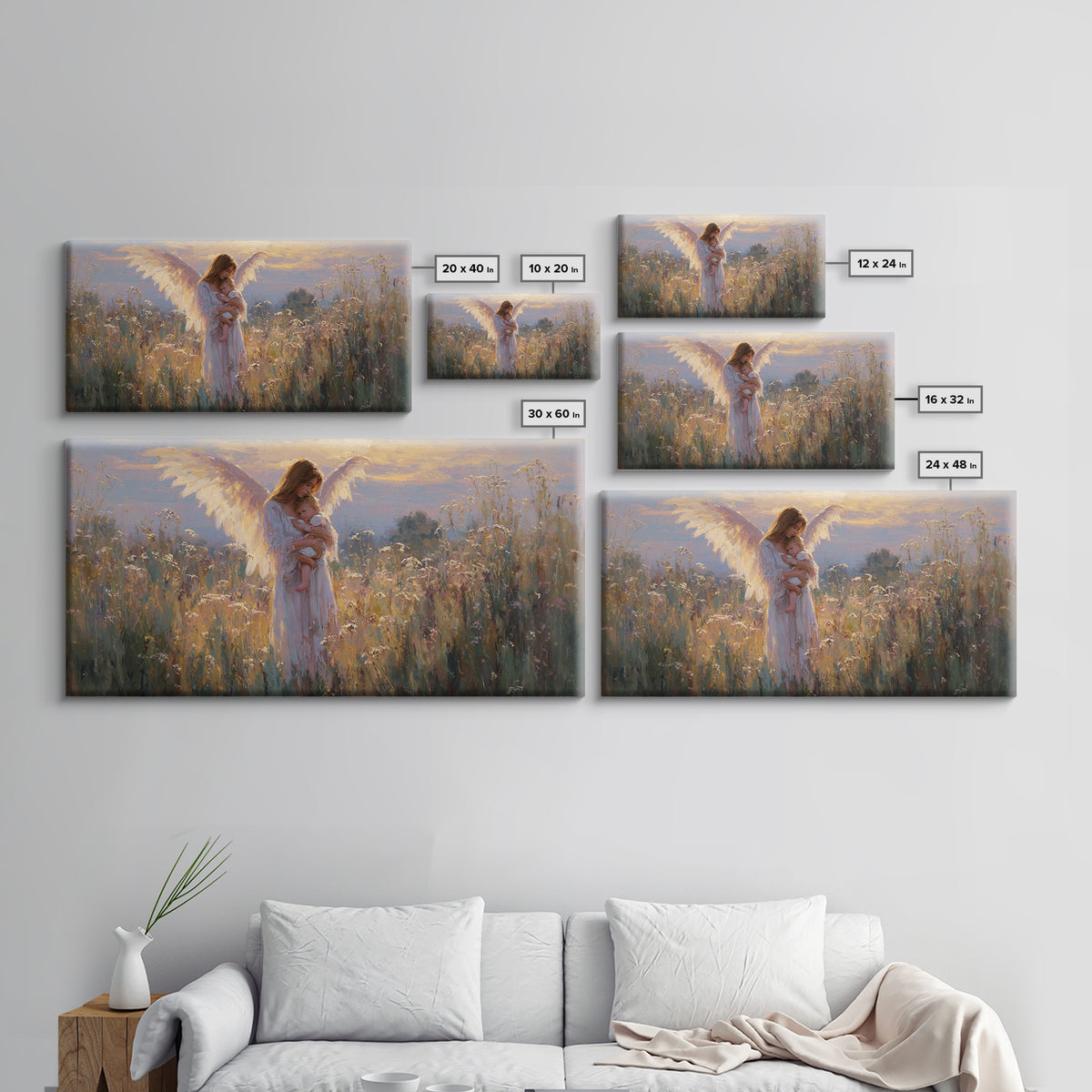 Guardian Angel Mother And Baby In Golden Wildflower Meadow Wall Art, Christian Nursery Decor, Motherhood Gift, Fine Art Print