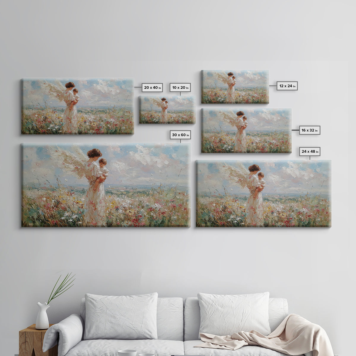 Angel Mother Holding Baby In Breezy Flower Field Canvas Print, Christian Wall Decor, Nursery Art, Mothers Day Gift For Her