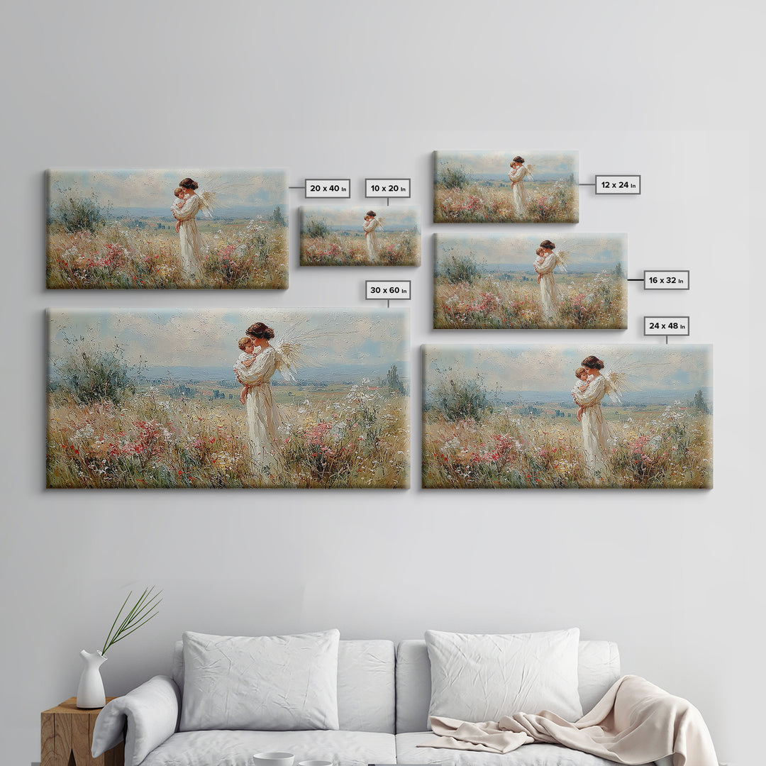 White Angel Mother And Child In Sunlit Wildflower Field Wall Art, Christian Home Decor, Serene Nursery Art Print Gift For Her