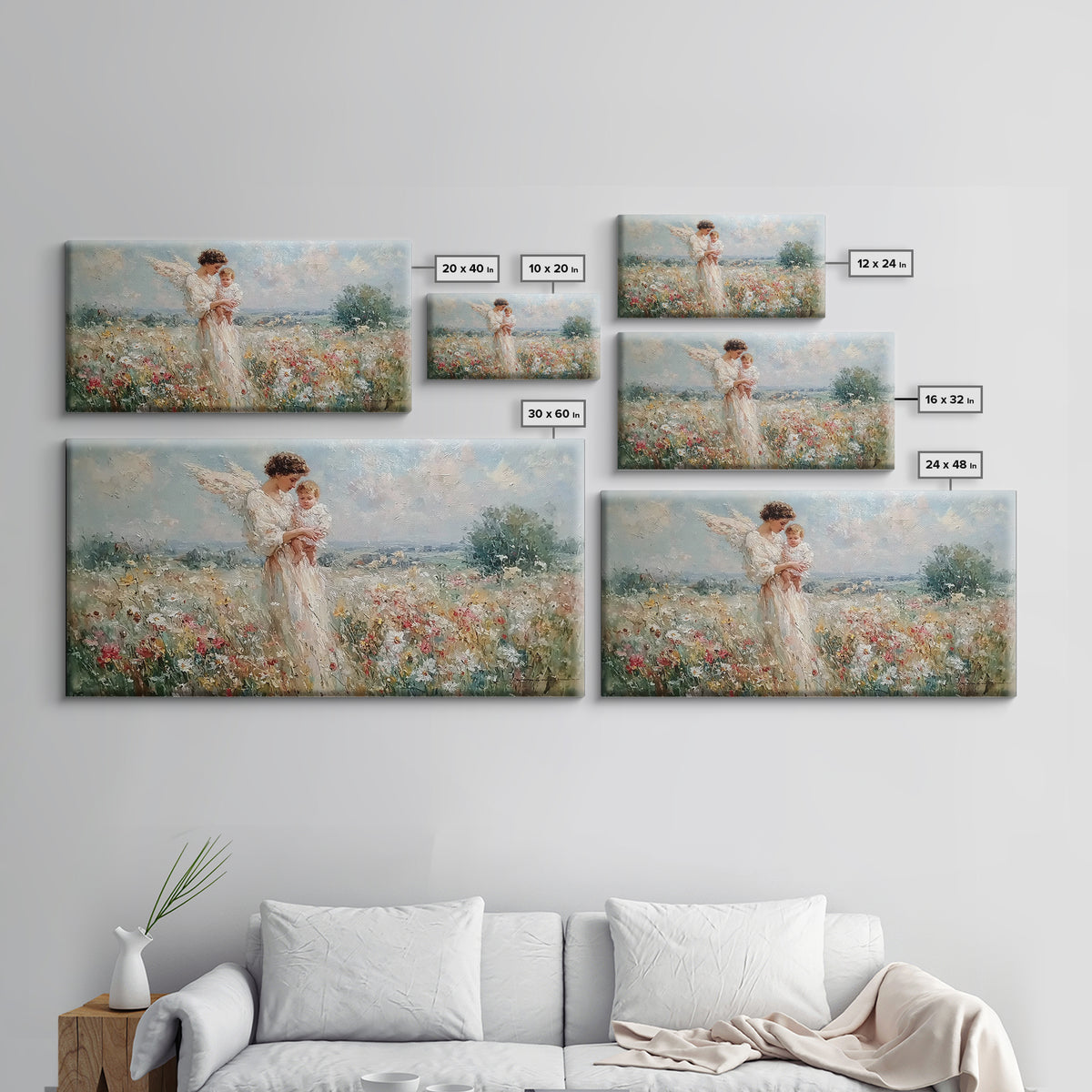 Impressionist Angel Mother With Baby In Daisy Meadow Framed Canvas Print, Christian Nursery Decor, Motherhood Wall Art Gift