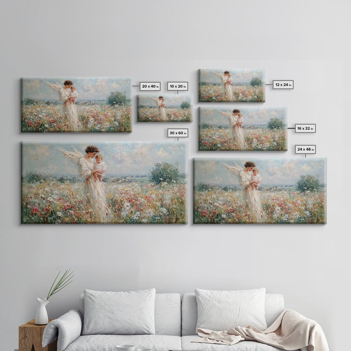 Impressionist Angel Mother With Baby In Daisy Meadow Framed Canvas Print, Christian Nursery Decor, Motherhood Wall Art Gift