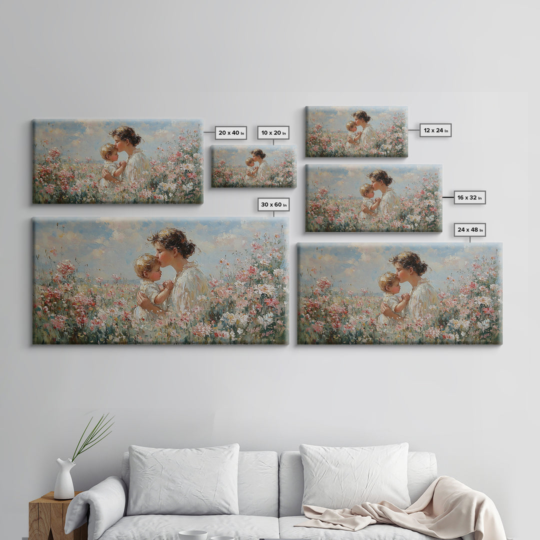 Mother Kissing Baby In Pink Wildflower Garden Wall Art, Impressionist Nursery Decor, Motherhood Gift, Feminine Art Print