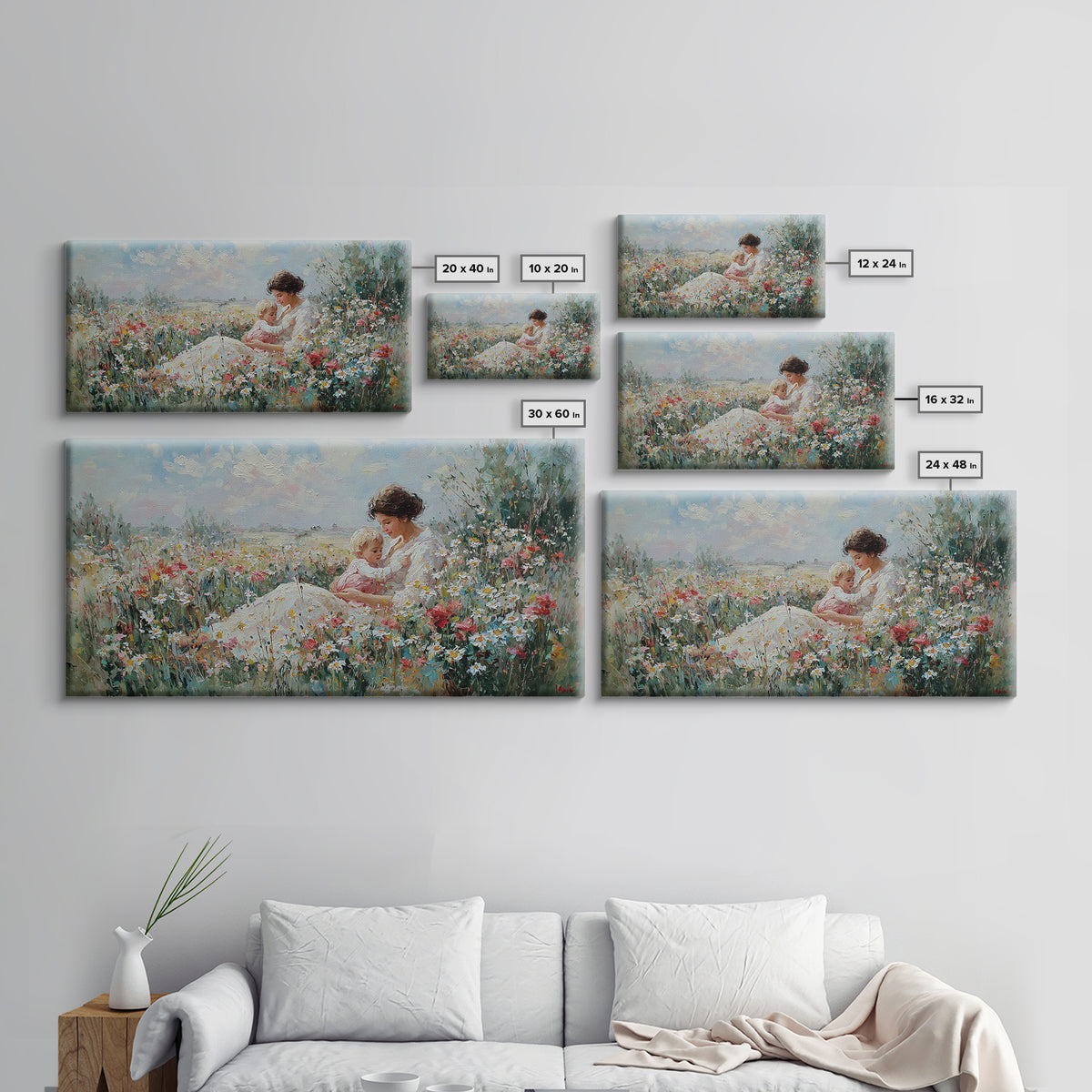 Mother And Baby In Wildflower Meadow Wall Art, Impressionist Floral Landscape, Fine Art Print, Motherhood Gift Home Decor