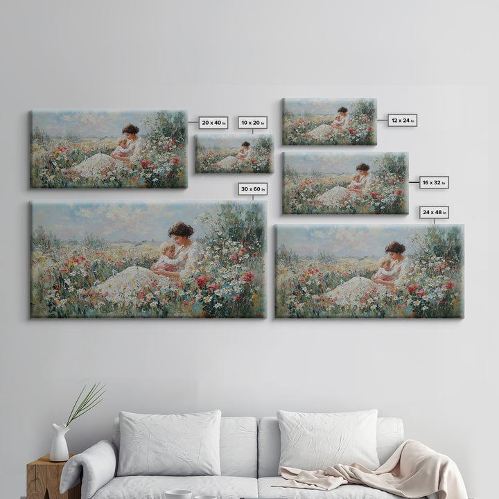 Mother And Baby In Wildflower Meadow Wall Art, Impressionist Floral Landscape, Fine Art Print, Motherhood Gift Home Decor