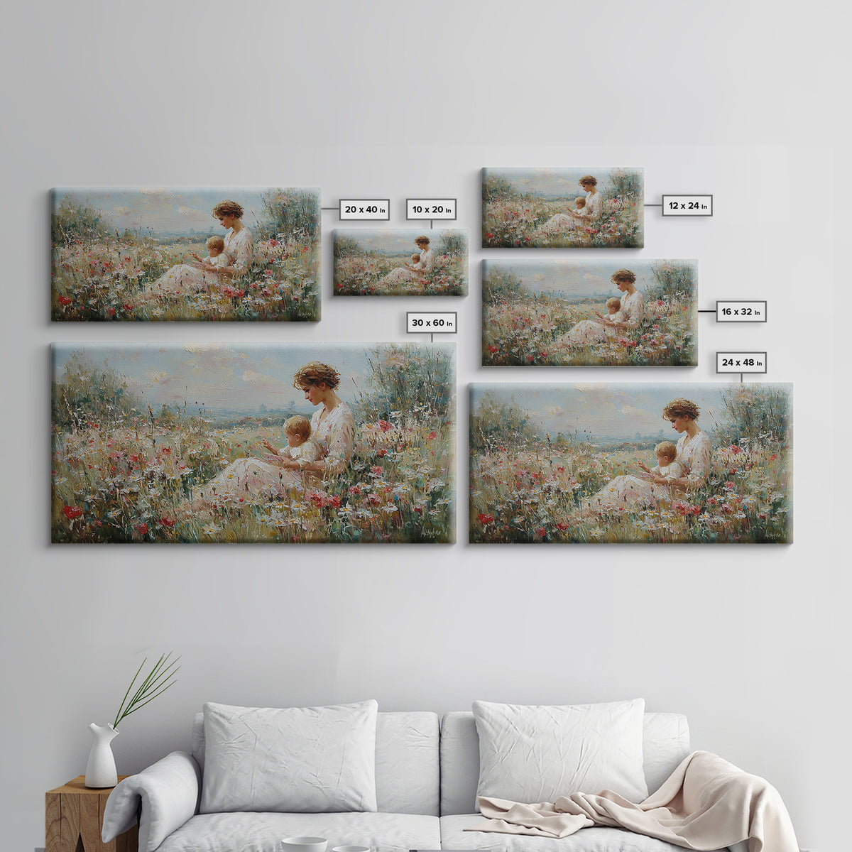 Seaside Wildflower Mother And Child Canvas Print, Impressionist Meadow Landscape, Mother's Day Gift, Living Room Home Decor