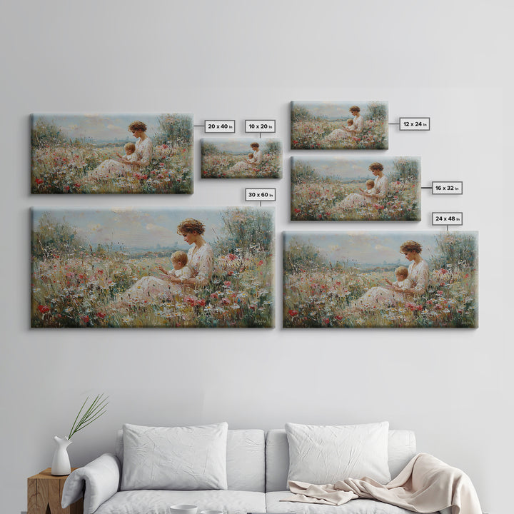 Seaside Wildflower Mother And Child Canvas Print, Impressionist Meadow Landscape, Mother's Day Gift, Living Room Home Decor