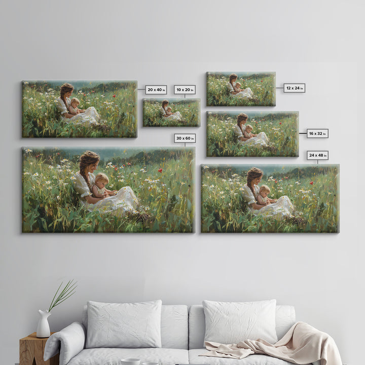Sunlit Mother And Baby In Daisy Meadow Framed Canvas Print, Impressionist Floral Landscape, Gift For Her, Nursery Wall Decor