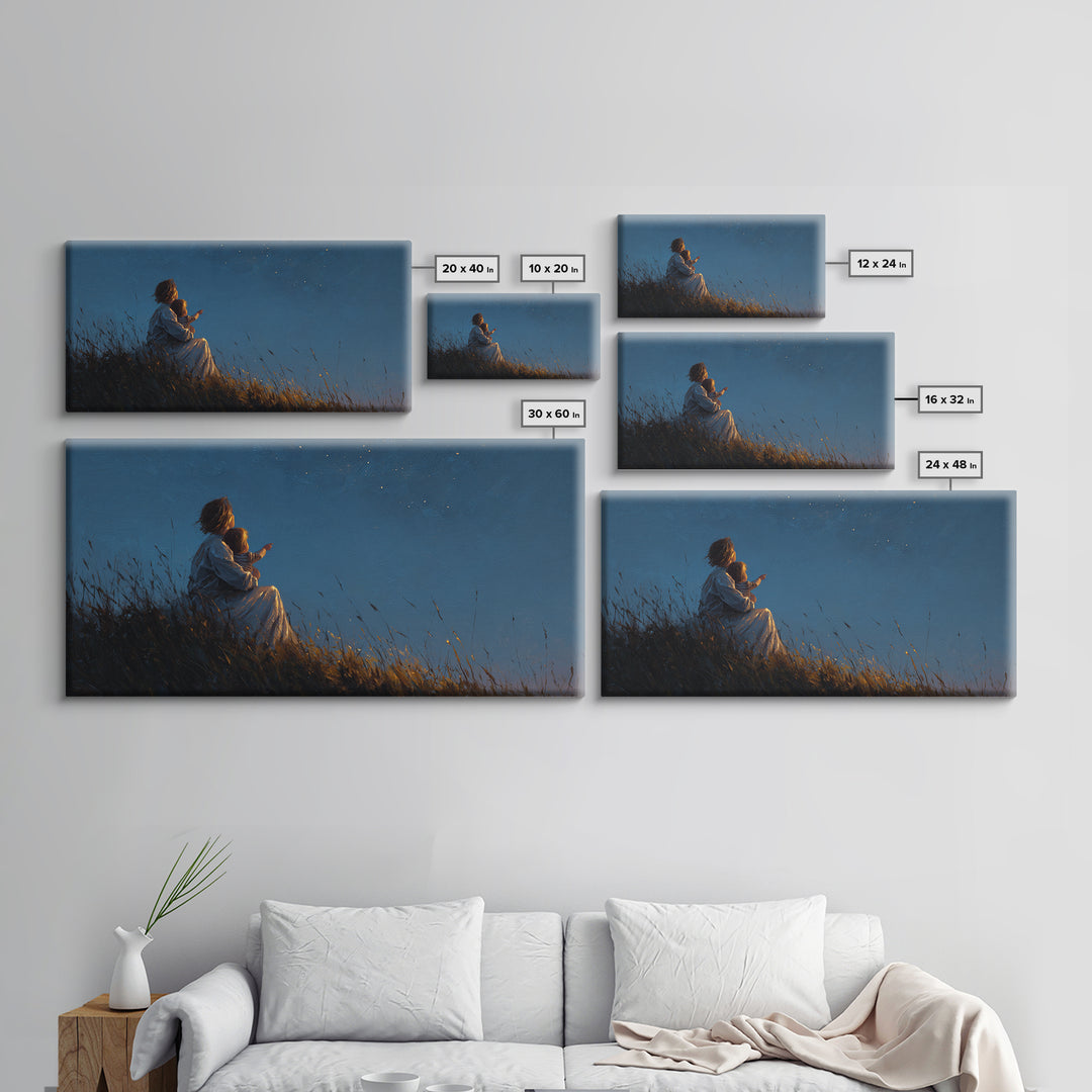 Mother And Child Stargazing On Moonlit Hill Wall Art, Calming Moody Celestial Landscape, Romantic Bedroom Decor, Gift For Her