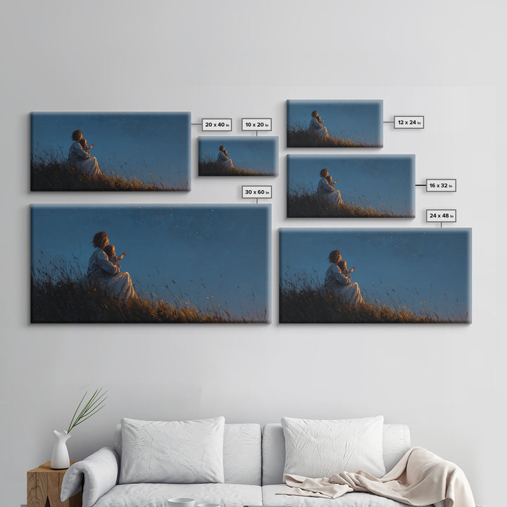 Mother And Child Stargazing On Moonlit Hill Wall Art, Calming Moody Celestial Landscape, Romantic Bedroom Decor, Gift For Her