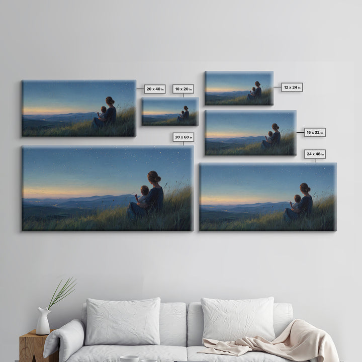 Mother And Child Under Starry Mountain Sky Canvas Print, Celestial Landscape, Blue Bedroom Art, Above Bed Decor, Gift For Her