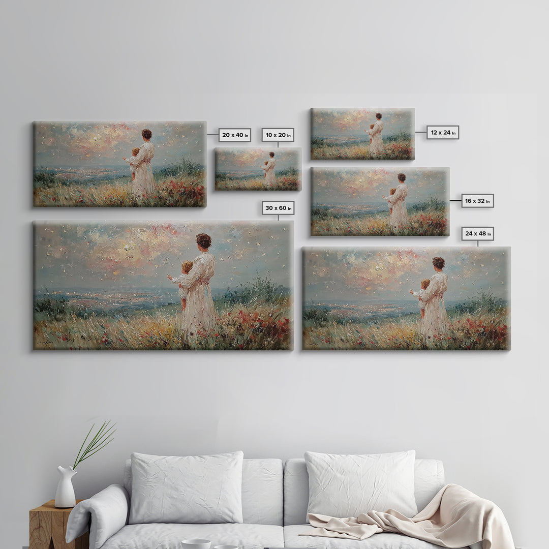 Mother Holding Baby At Sunset Meadow Framed Canvas Print, Romantic Floral Landscape, Fine Art Print, Nursery Wall Decor, Gift For Her