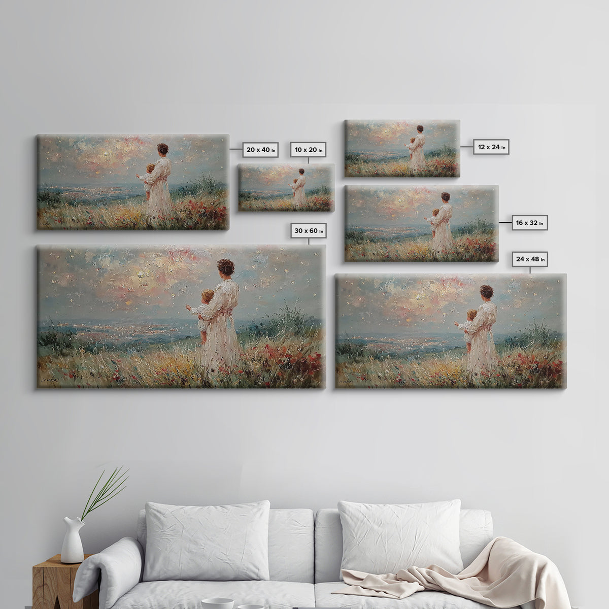 Mother Holding Baby At Sunset Meadow Framed Canvas Print, Romantic Floral Landscape, Fine Art Print, Nursery Wall Decor, Gift For Her