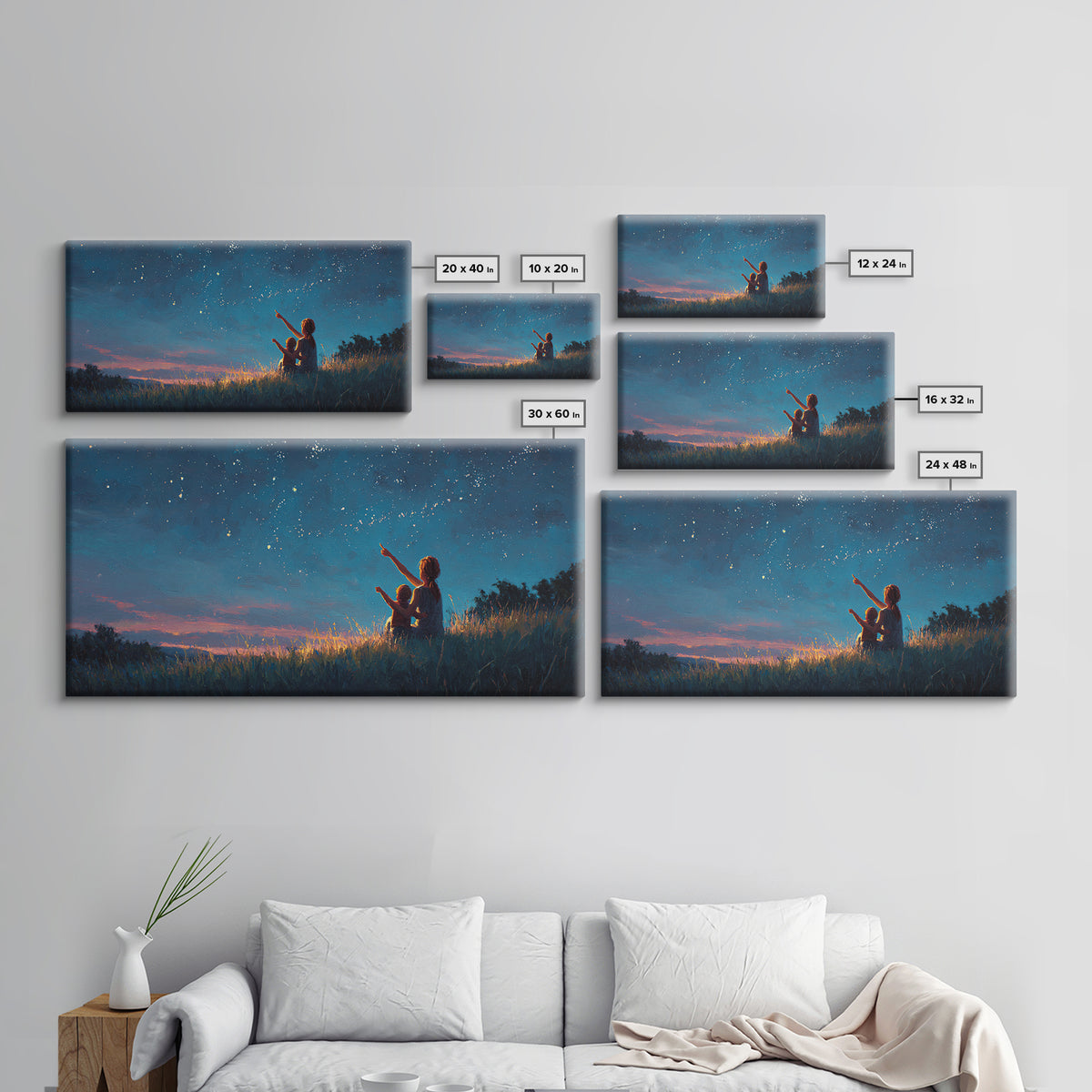 Mother And Child Pointing At Twilight Stars Canvas Print, Celestial Landscape, Blue Wall Art, Modern Bedroom Decor, Gift