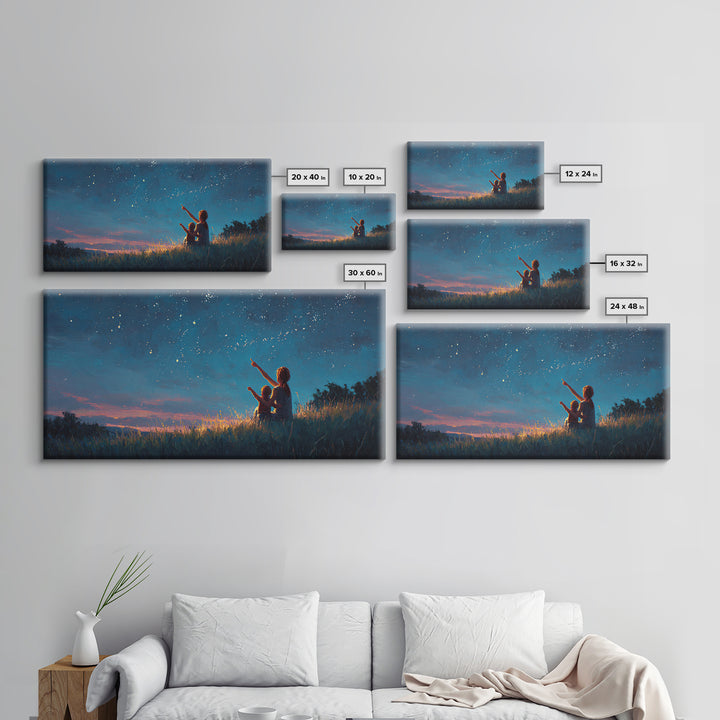 Mother And Child Pointing At Twilight Stars Canvas Print, Celestial Landscape, Blue Wall Art, Modern Bedroom Decor, Gift