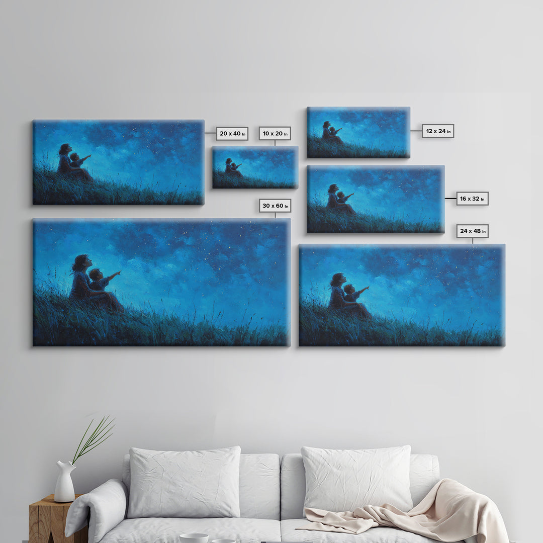 Mother And Child Beneath Deep Blue Starry Sky Wall Art, Celestial Landscape, Calming Bedroom Decor, Above Bed Print, Gift For Her