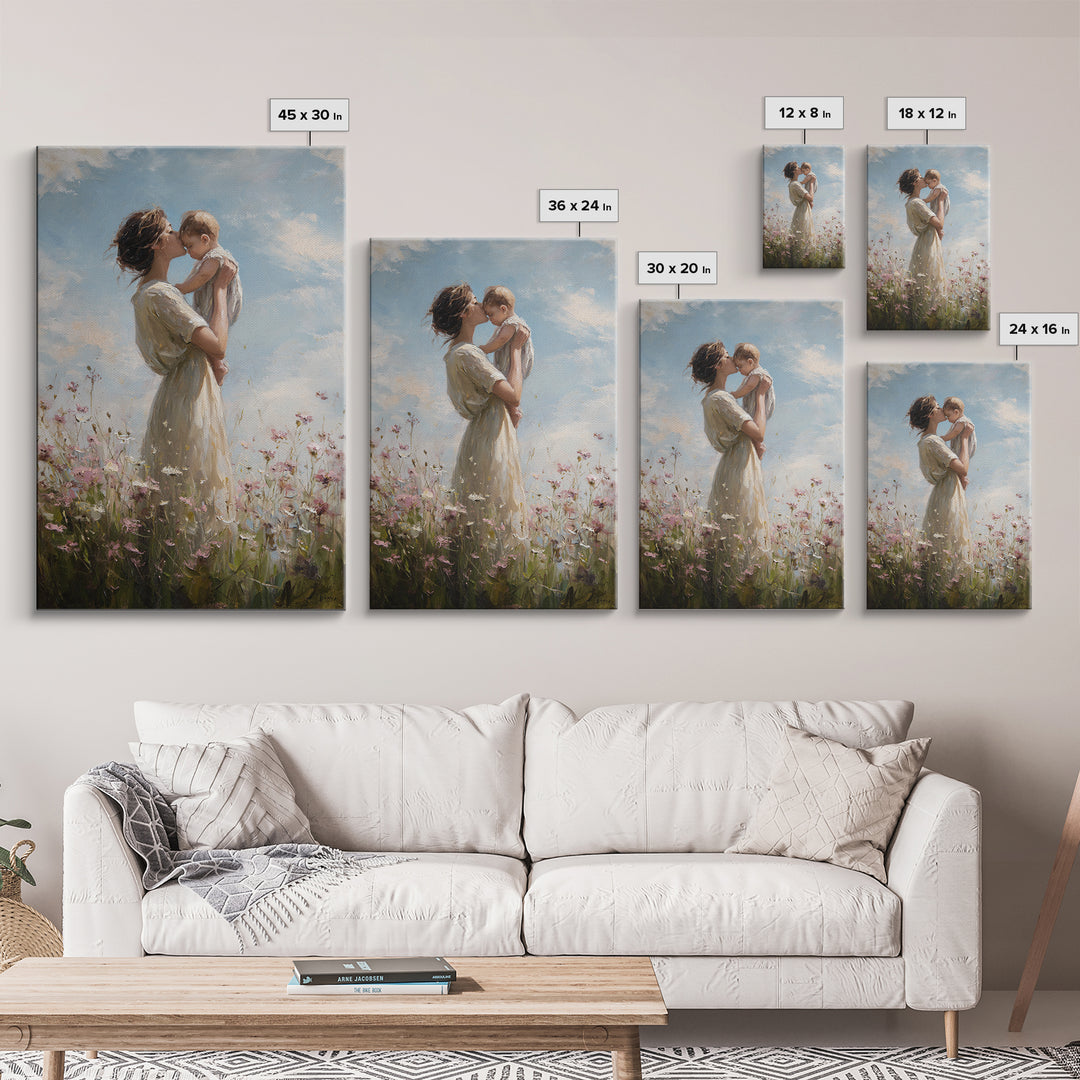 Mother Holding Baby In Wildflower Meadow Framed Canvas Print, Soft Sky Nursery Wall Art, Mothers Day Gift, Fine Art Print