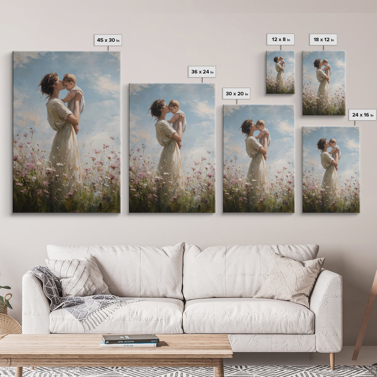 Mother Holding Baby In Wildflower Meadow Framed Canvas Print, Soft Sky Nursery Wall Art, Mothers Day Gift, Fine Art Print