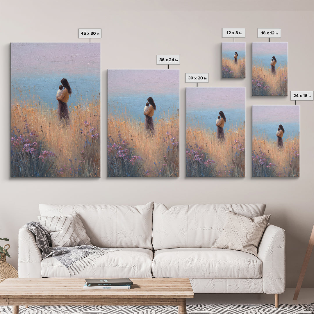 Mother And Baby By Ocean Grass Canvas Print, Pastel Coastal Wall Art, Peaceful Nursery Decor, Gift For Her, Minimalist Art