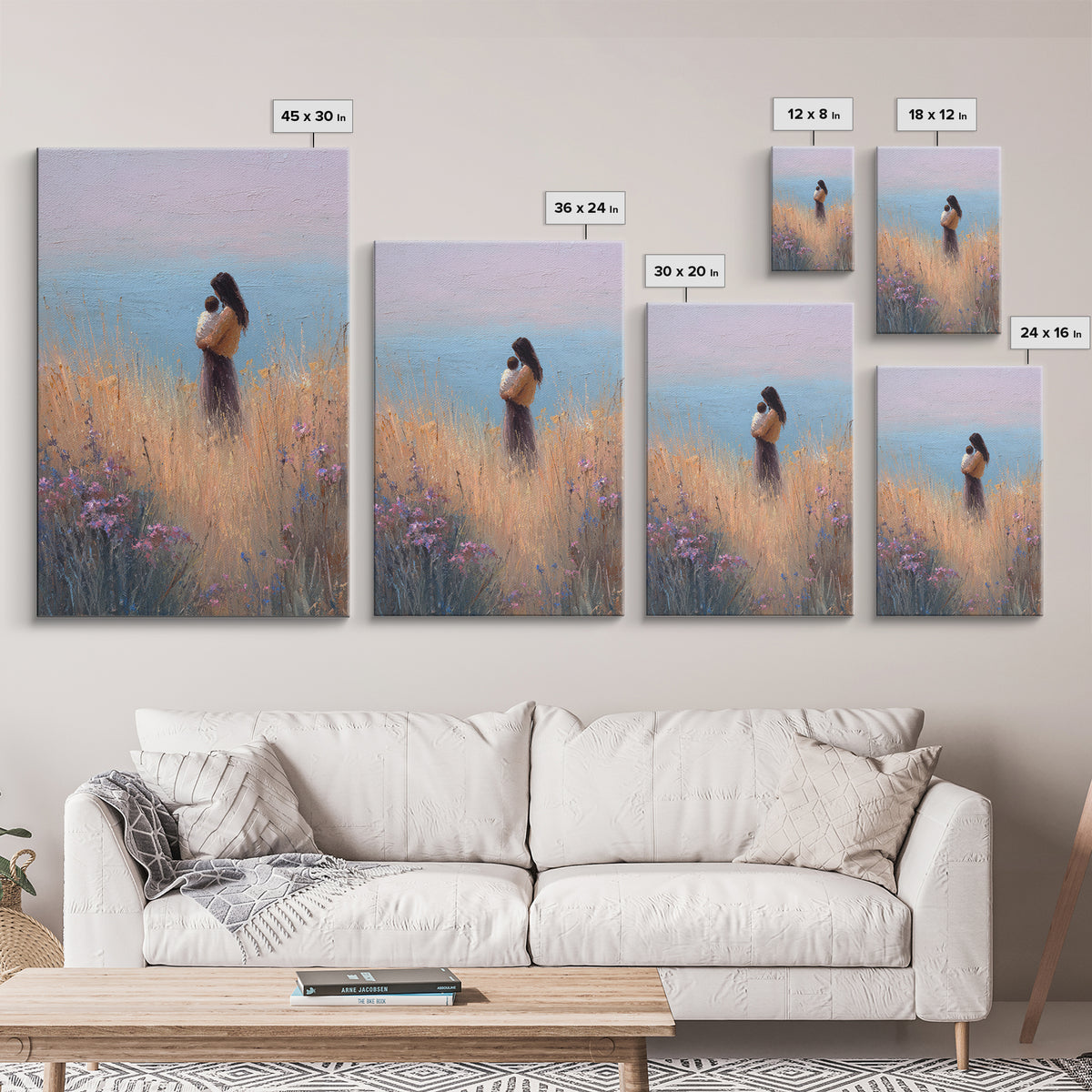 Mother And Baby By Ocean Grass Canvas Print, Pastel Coastal Wall Art, Peaceful Nursery Decor, Gift For Her, Minimalist Art