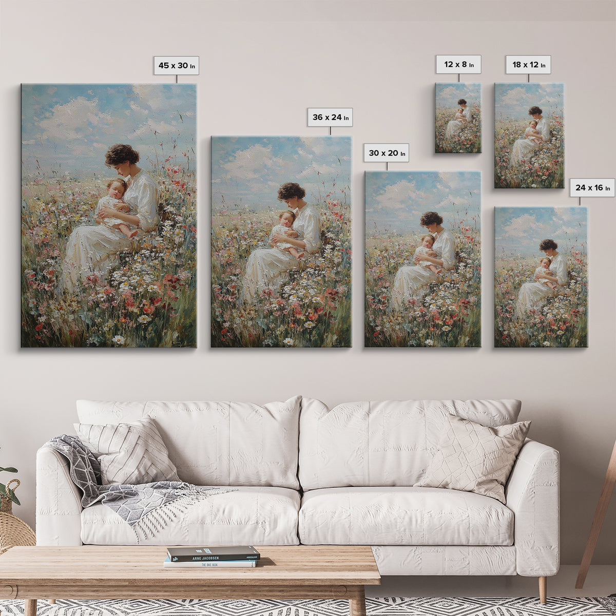 Seated Mother And Baby In Wildflowers Framed Canvas Print, Soft Floral Wall Art, Nursery Decor, Mothers Day Gift For Her