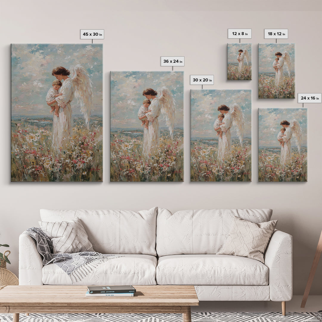 Guardian Angel Holding Child In Flower Meadow Wall Art, Christian Nursery Decor, Spiritual Canvas Print, Baptism Gift For Mom