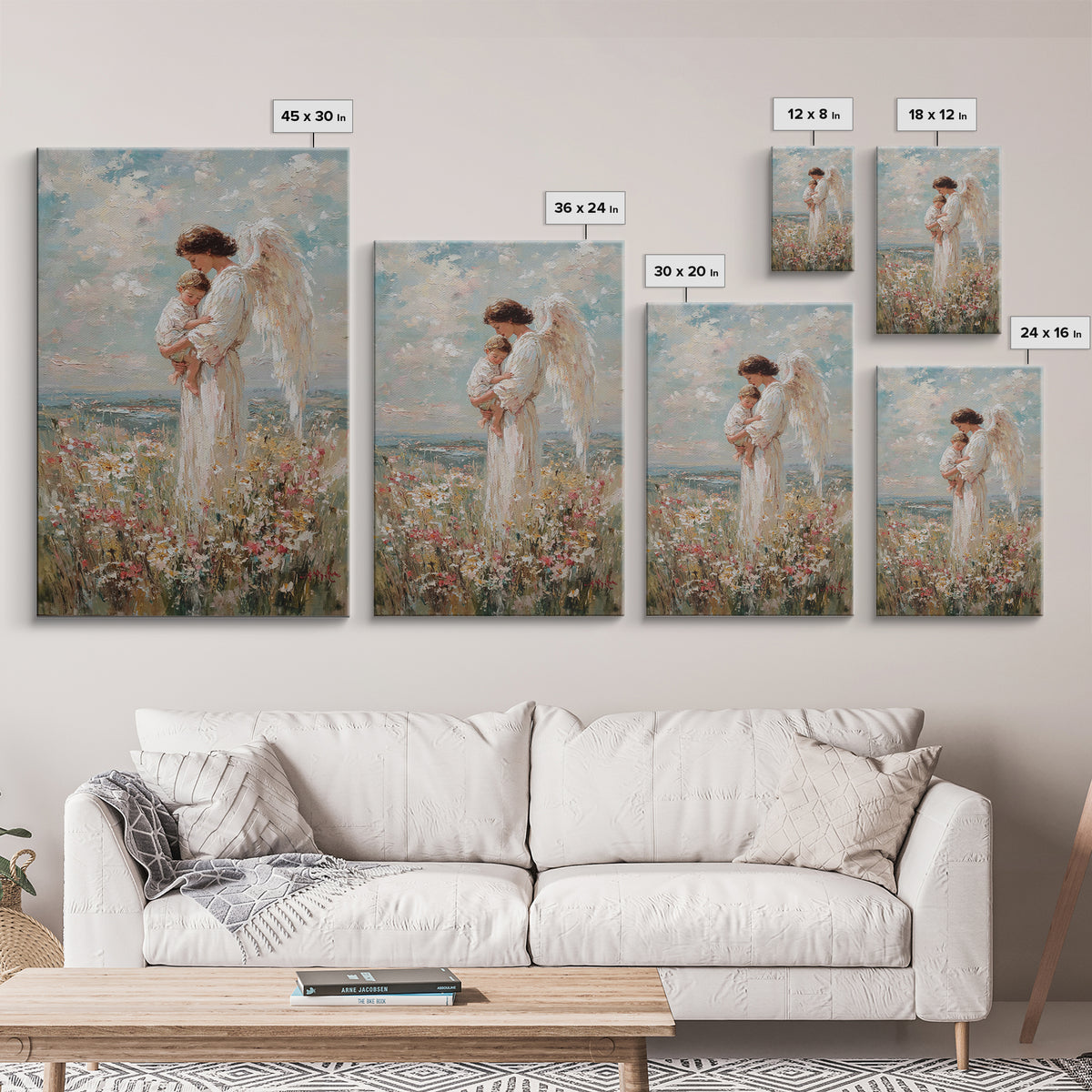 Guardian Angel Holding Child In Flower Meadow Wall Art, Christian Nursery Decor, Spiritual Canvas Print, Baptism Gift For Mom