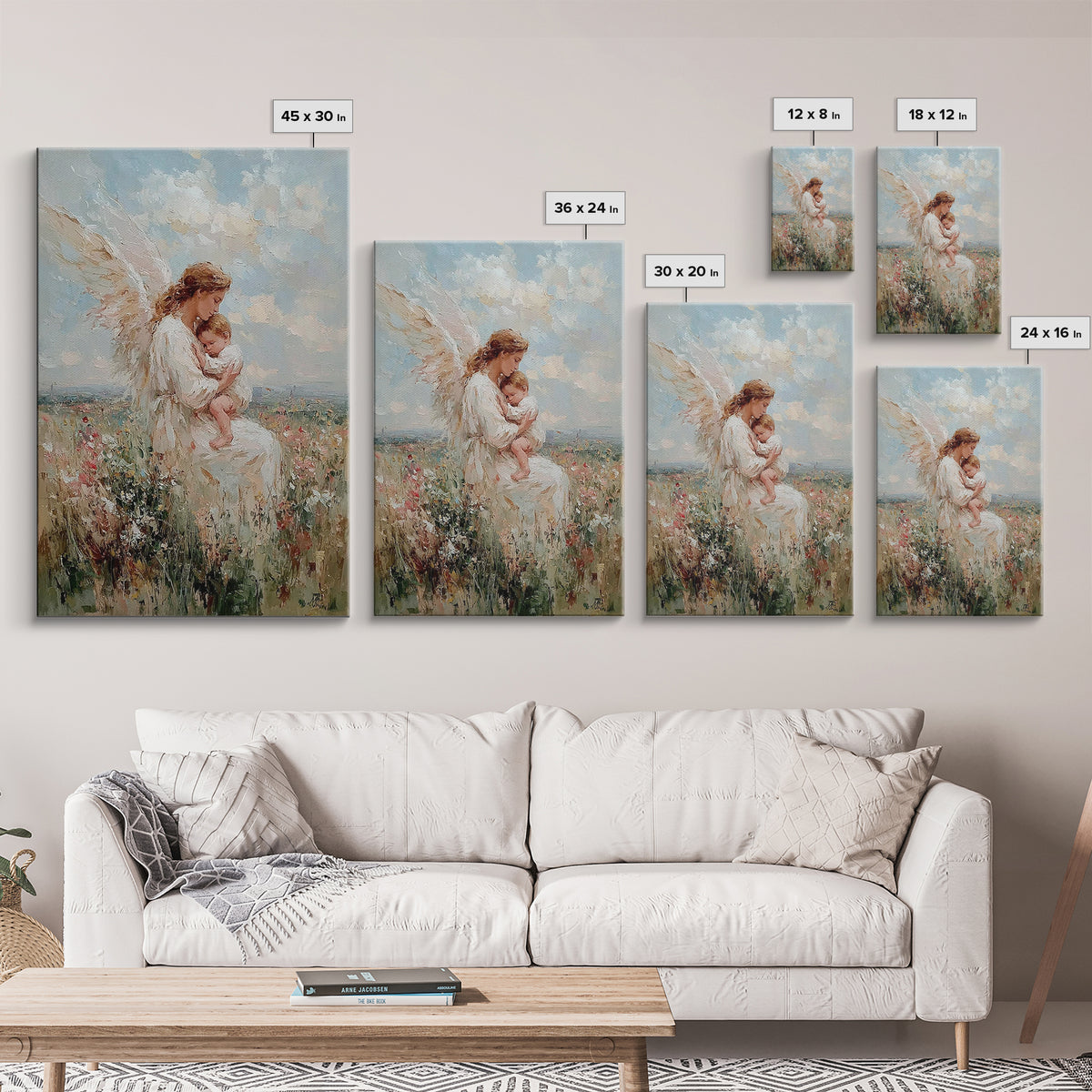 Angel Mother Cradling Baby In Wildflower Field Framed Canvas Print, Christian Wall Art, Nursery Decor, Spiritual Gift For Mom