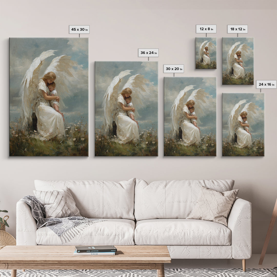 Winged Guardian Angel Embracing Baby Framed Canvas Print, Heavenly Christian Wall Art, Nursery Decor, Baptism Gift For Her