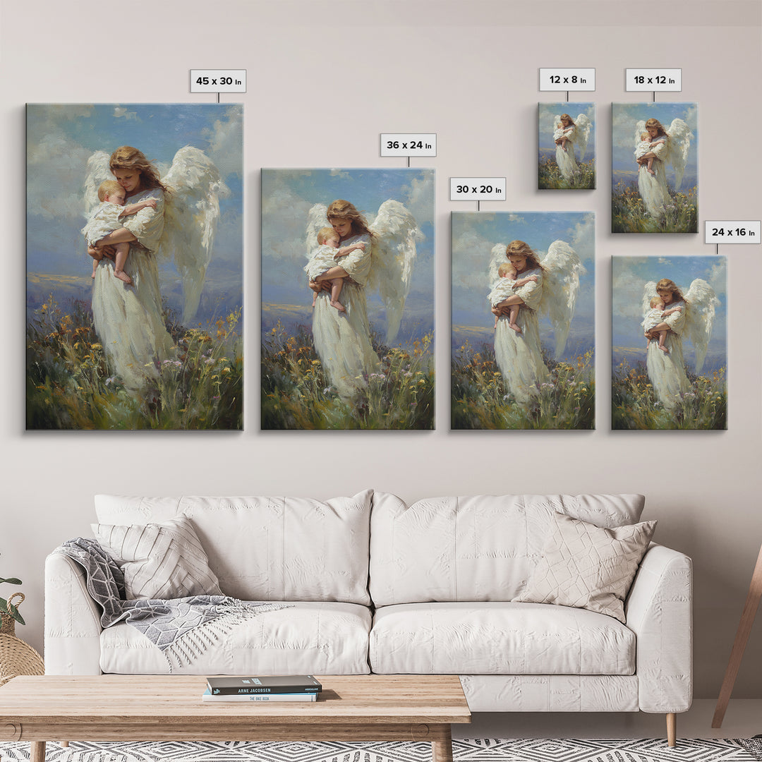 Angel Holding Sleeping Baby In Meadow Canvas Print, Serene Christian Wall Art, Nursery Decor, Guardian Angel Gift For Mom
