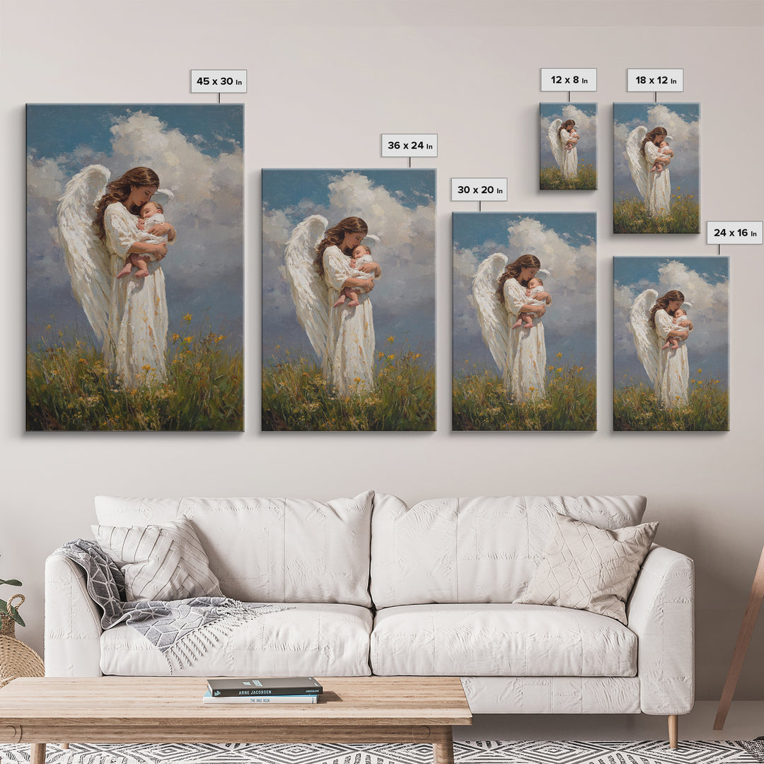 Guardian Angel Holding Newborn Under Clouds Wall Art, Christian Nursery Decor, Baptism Gift, Spiritual Framed Canvas Print