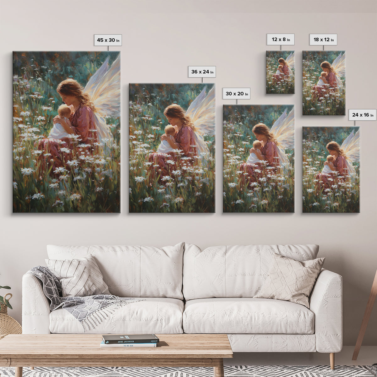Fairy Mother And Baby In Daisy Garden Framed Canvas Print, Fantasy Wall Art, Nursery Decor, Whimsical Art Print, Gift For Her
