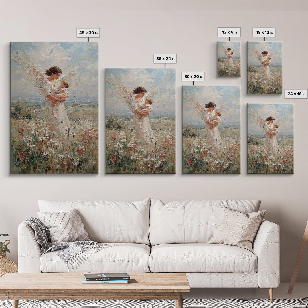 Angel Mother With Infant In Wildflower Meadow Canvas Print, Christian Wall Art, Nursery Decor, Spiritual Gift, Feminine Art